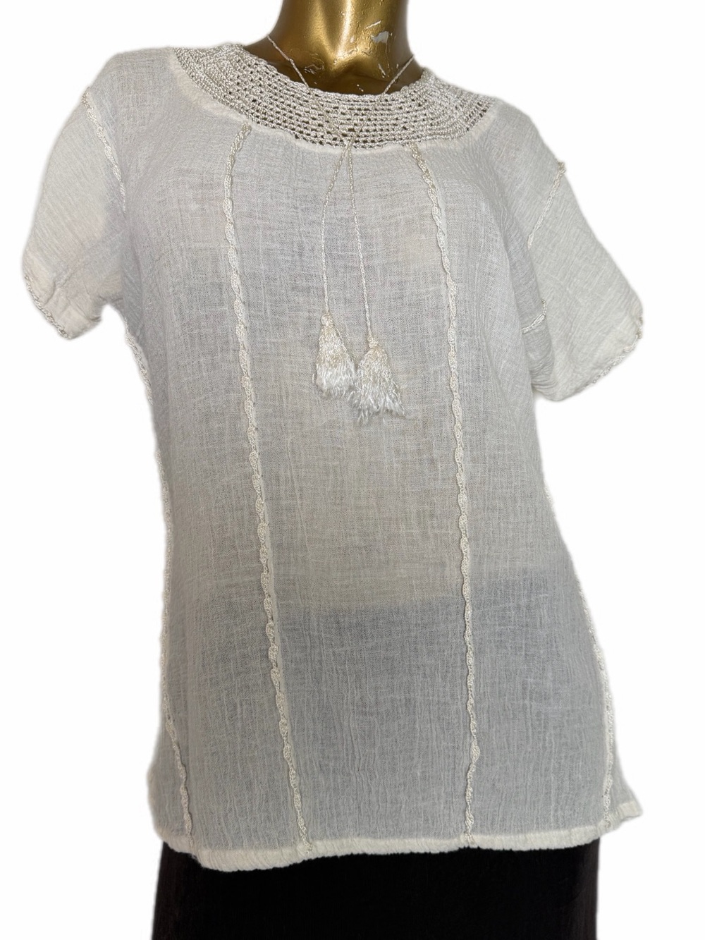 Vintage Boho Cotton Gauze Crochet Yoke Tassel Peasant Blouse Ivory approx M
